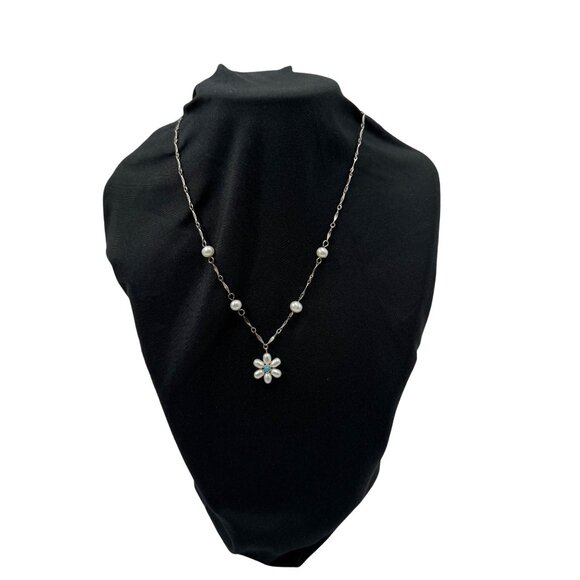 SCG Jewelry - Vtg 18" Freshwater Pearl Necklace Sterling 925 w/Pearl Daisy & Turquoise Pendant